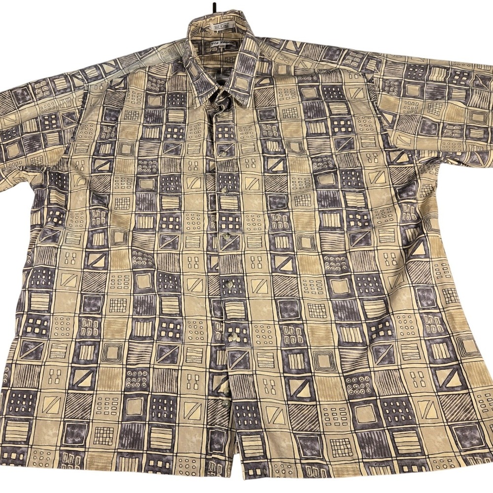 Via Veneto Mens XXL Cotton Button Dwn Shirt Geometric Grid Print Tan Grey Shrt S